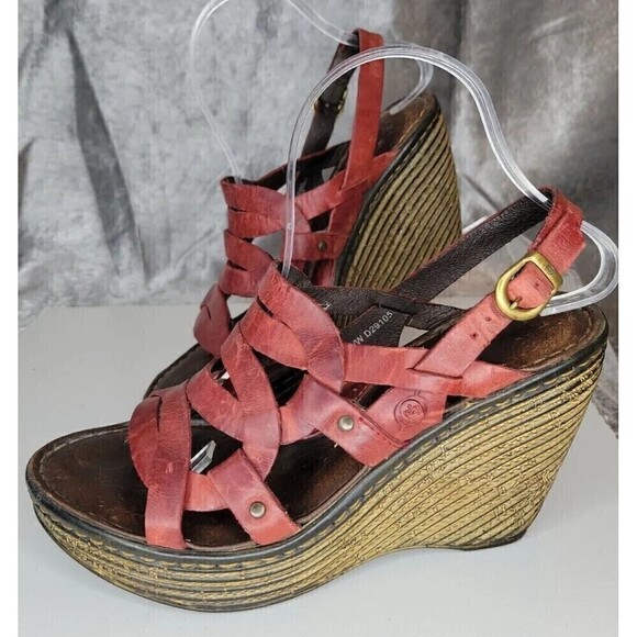 Born Strappy Wedge Sandals Open Toe Distressed Red Leather Sling Women's 39/US 8 - Picture 1 of 16